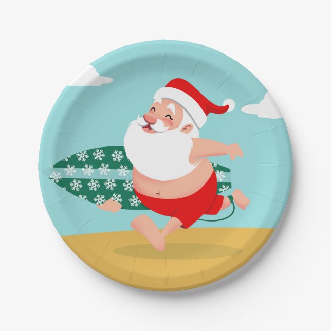 Santa at beach cartoon paper plates (Front)