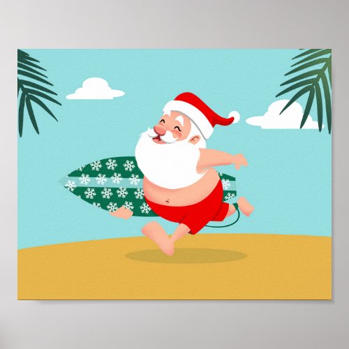 Santa at beach cartoon poster