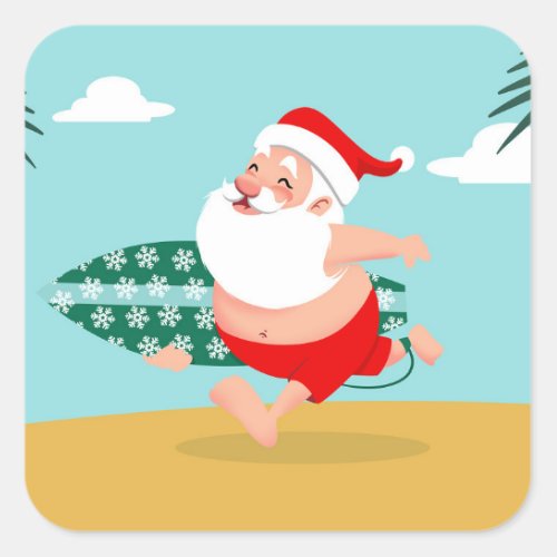 Santa at beach cartoon square sticker