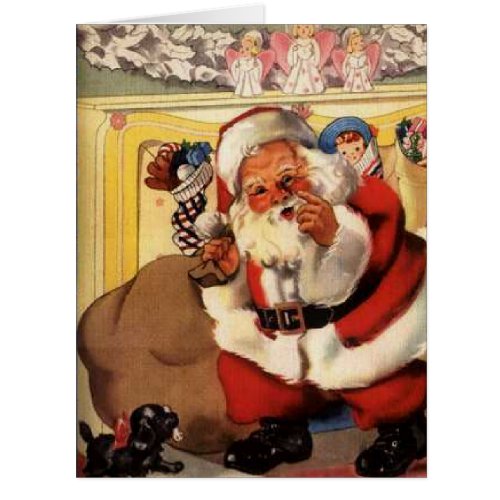 Santa at Chimney with Puppy Vintage Retro