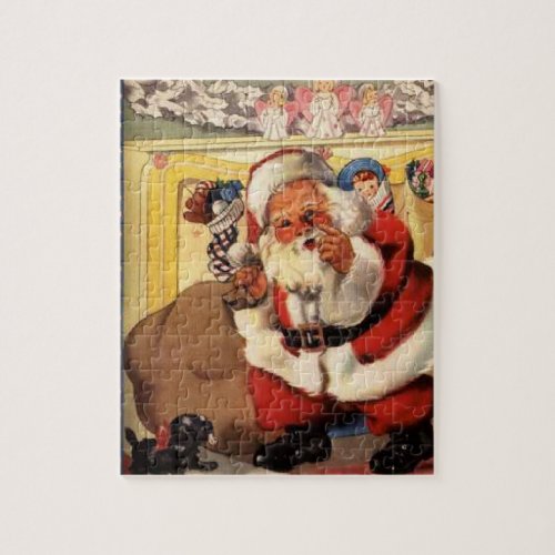 Santa at Chimney with Puppy Vintage Retro Jigsaw Puzzle