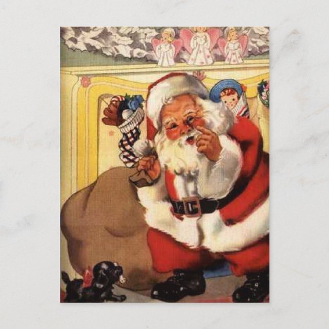 Santa at Fireplace with Puppy Vintage Retro  Postcard (Front)