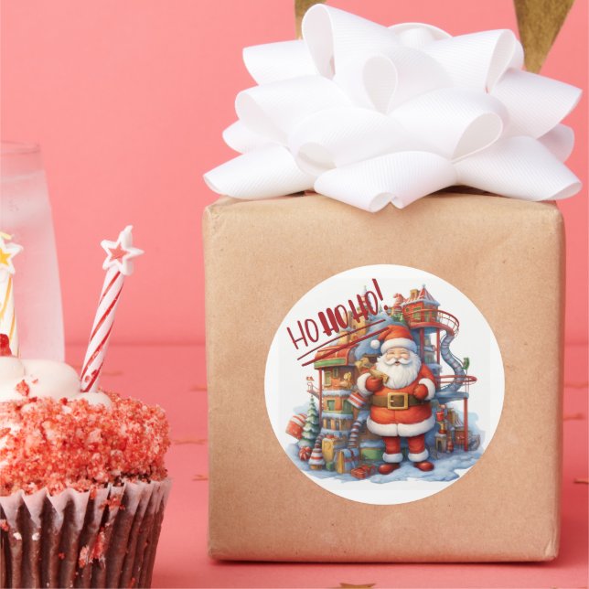 Santa at his Toy Factory Classic Round Sticker (Party)