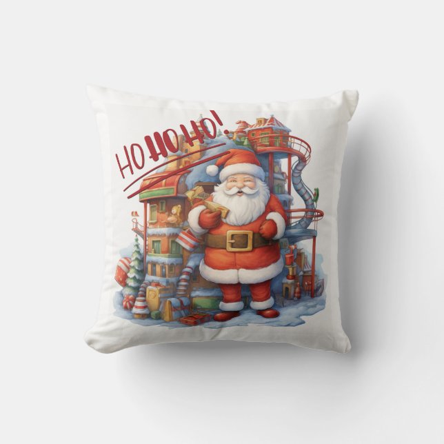 Santa at his Toy Factory Throw Pillow (Front)
