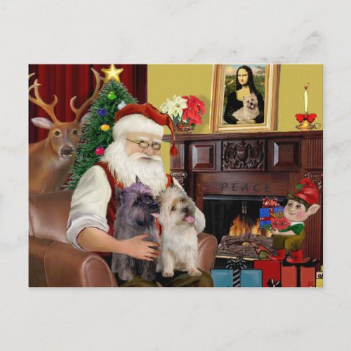 Santa At Home _ Cairn Terriers two Holiday Postcard