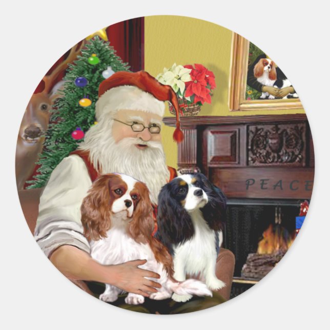 Santa At Home  Cavalier King Charles (two) Classic Round Sticker (Front)