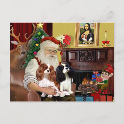 Santa At Home  Cavalier King Charles two Holiday Postcard