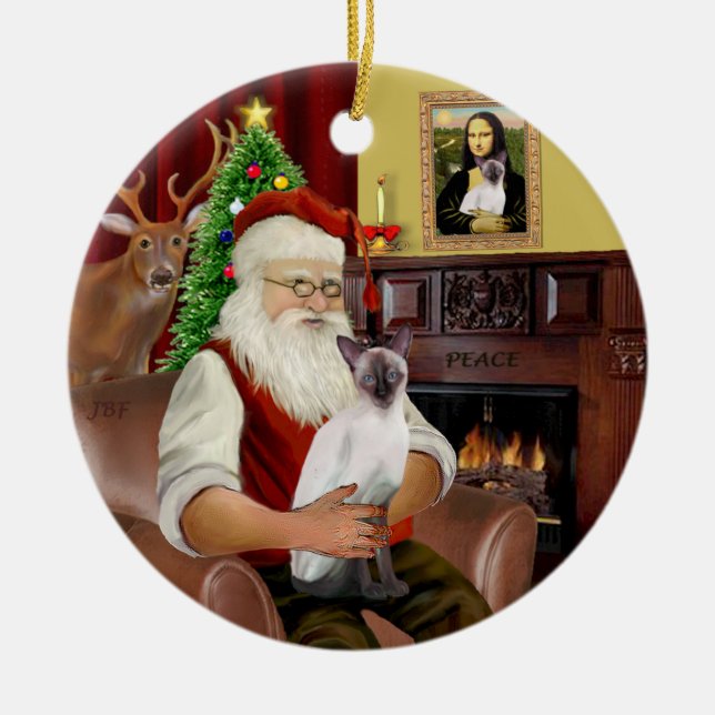 Santa at Home -  Chocolate Point Siamese Ceramic Ornament (Front)