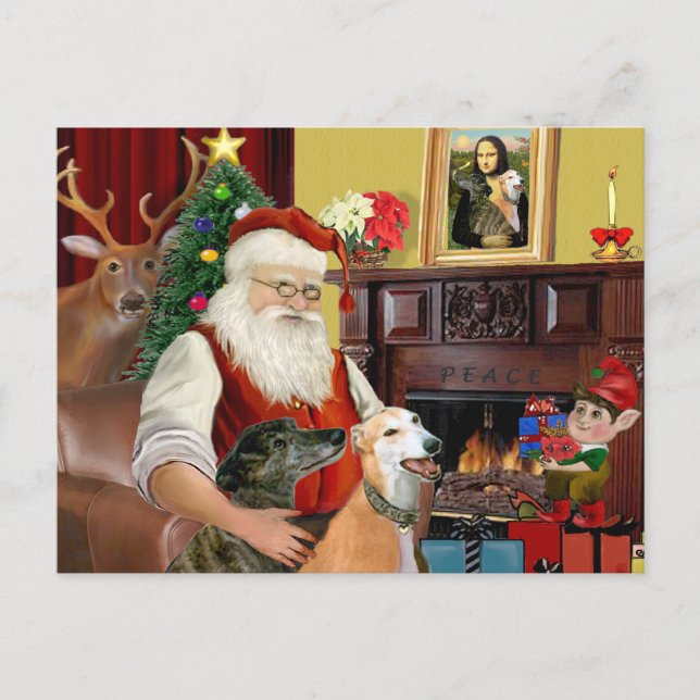 Santa At Home Greyhounds (two) Holiday Postcard (Front)