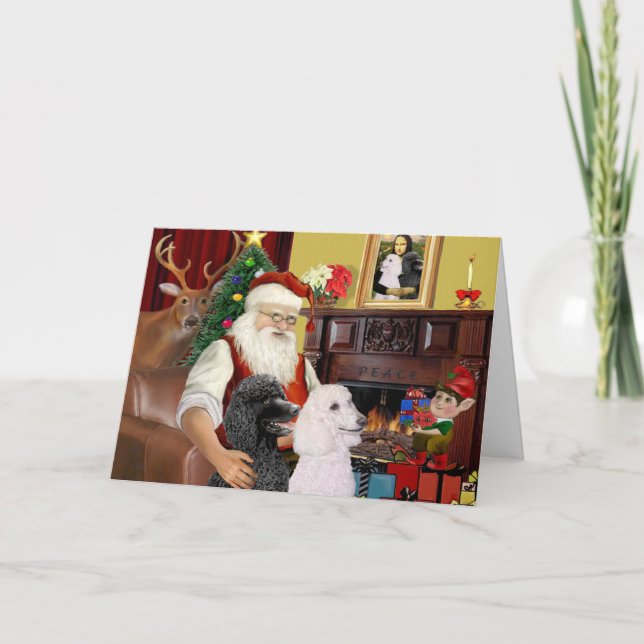 Santa At Home - Poodles (2 Standard) Holiday Card (Front)
