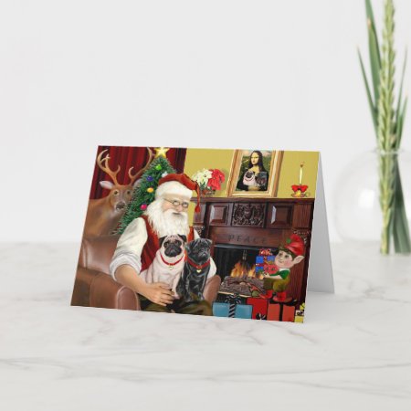 Santa At Home - Pugs Two.2f.1blk) Holiday Card