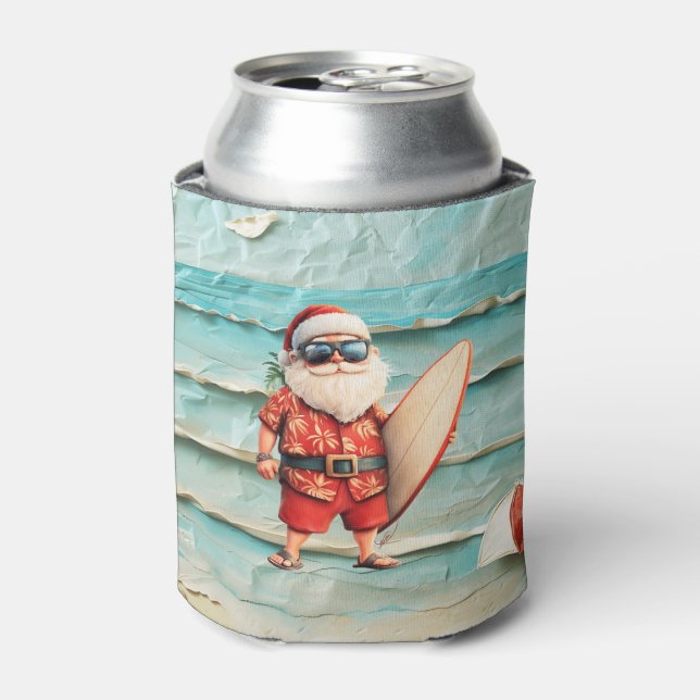 Santa at the beach for Summer Christmas Can Cooler (Can Front)