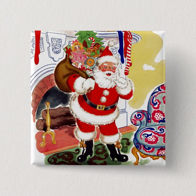 Santa at the Fireplace Bringing Toys Pinback Button (Front)