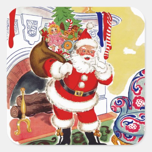 Santa at the Fireplace Bringing Toys Square Sticker