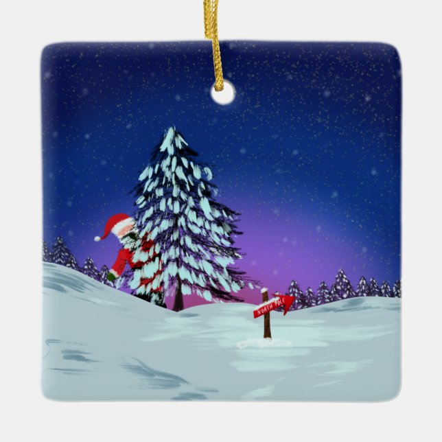 Santa At The North Pole Ceramic Ornament (Front)