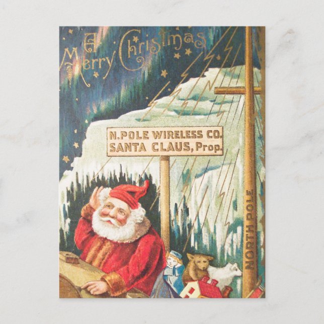 Santa at the North Pole Wireless Company Holiday Postcard (Front)