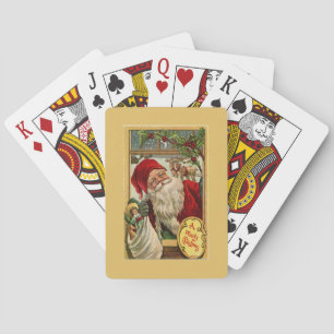 Santa at the Window with Toy Bag Gold Poker Cards