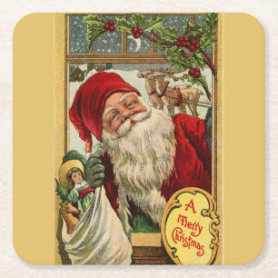 Santa at the Window with Toy Bag Square Paper Coaster