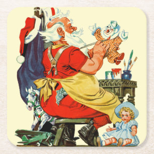 Santa at Work Square Paper Coaster