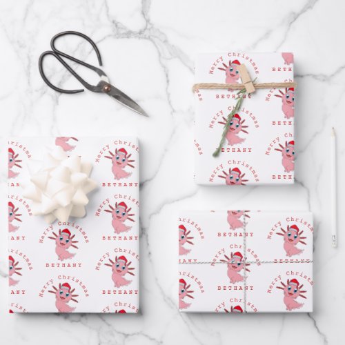Santa Axolotl Cute Pattern Name Merry Christmas  Wrapping Paper Sheets