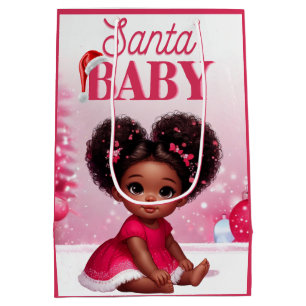 Santa Baby Afro Puff Infant Girl Christmas Medium Gift Bag