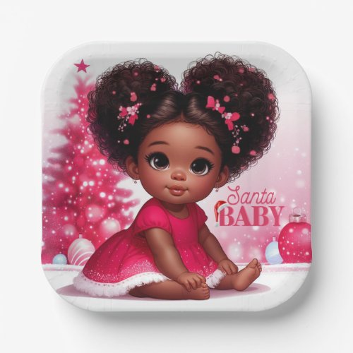 Santa Baby Afro Puff Infant Girl Christmas Paper Plates