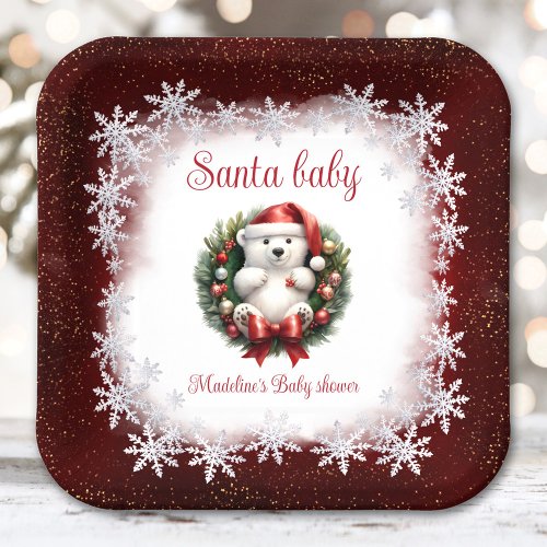 Santa Baby Bear Christmas Baby Shower Paper Plates