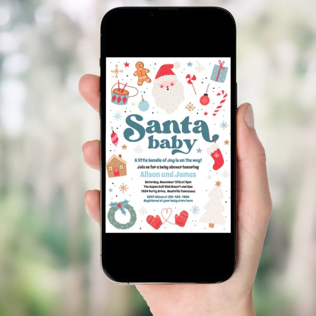 Santa Baby Blue And Red Christmas Baby Shower Invitation (Front Digital)