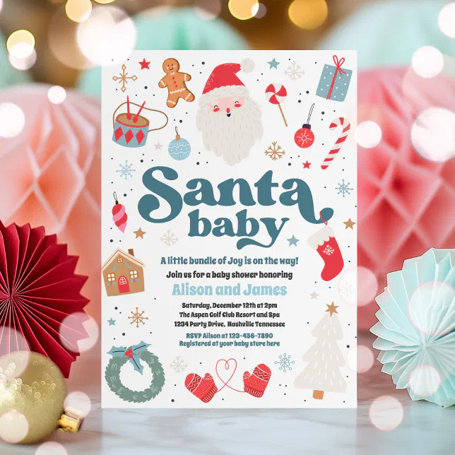 Santa Baby Blue And Red Christmas Baby Shower Invitation

