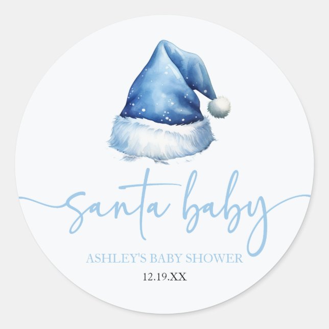 Santa Baby Blue Hat Christmas Holiday Baby Shower Classic Round Sticker (Front)