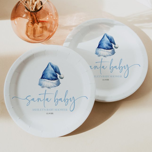Santa Baby Blue Hat Christmas Holiday Baby Shower Paper Plates (Creator Uploaded)