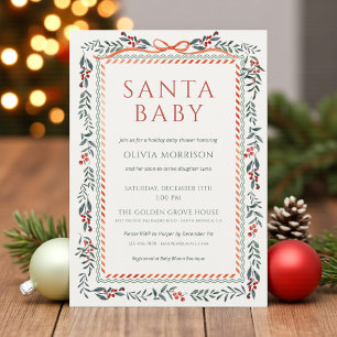 Santa Baby Bow Christmas Watercolor Baby Shower Invitation