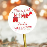 Santa Baby Christmas Baby Shower Classic Round Sticker<br><div class="desc">Celebrate the joy of the holiday season with the Santa Baby Christmas baby shower! These charming stickers feature a clothesline adorned with adorable Santa-inspired baby clothes and a personalized message. These stickers will be great for favors,  cups and more!</div>