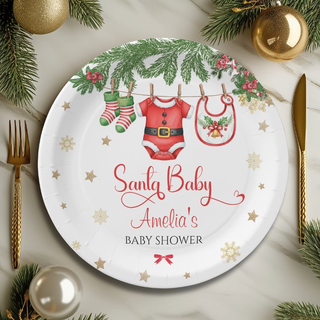 Santa Baby Christmas Baby Shower Festive Holiday Paper Plates (Creator Uploaded)