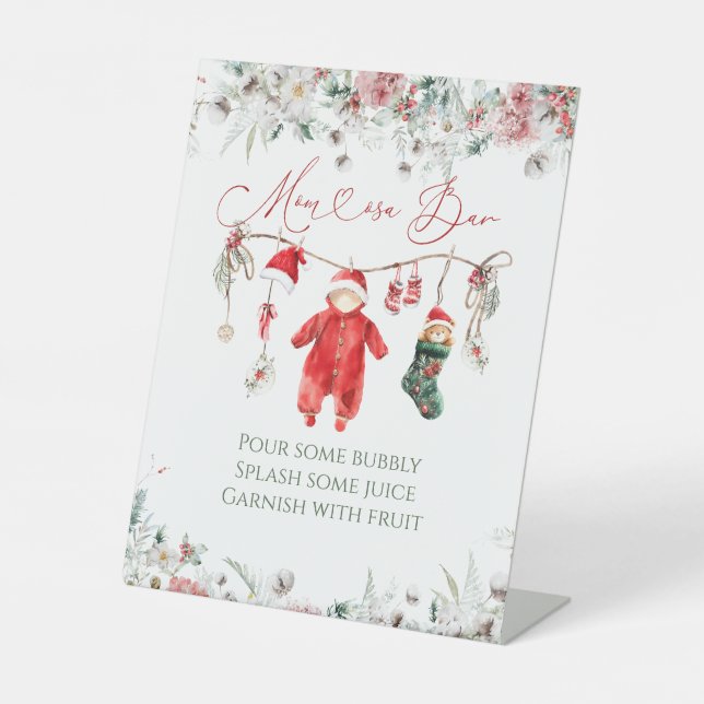Santa Baby Christmas Baby Shower Mom-osa Bar Pedestal Sign (Front)