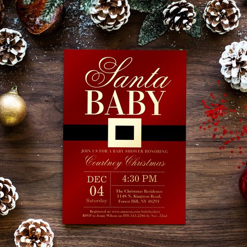 Santa Baby  Christmas Baby Shower Real Gold Foil Invitation
