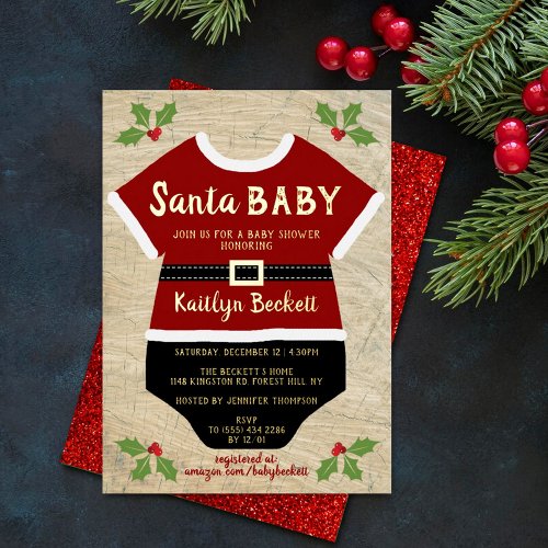 Santa Baby  Christmas Baby Shower Real Gold Foil Invitation