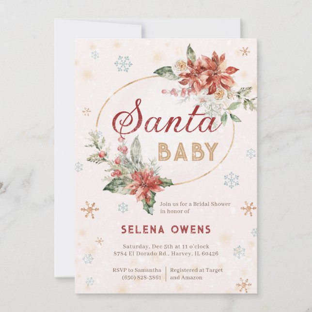 Santa Baby Christmas Bridal Shower Poinsettia Invitation (Front)