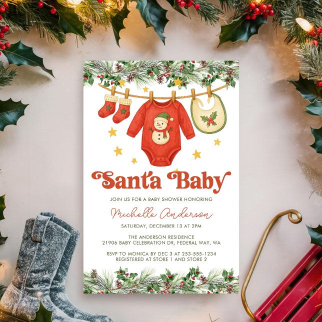 Santa Baby Christmas Clothesline Baby Shower  Invitation (Santa Baby Red Christmas Clothesline Baby Shower Invitation
)