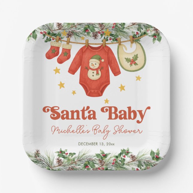 Santa Baby Christmas Clothesline Baby Shower Paper Plates (Front)