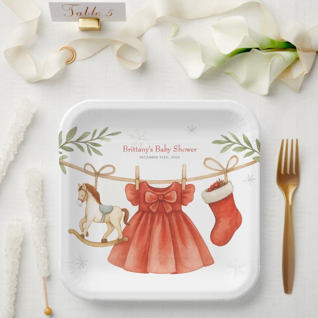 Santa Baby Christmas Clothesline Girl Baby Shower  Paper Plates (Wedding)