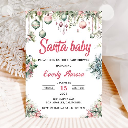 Santa Baby Christmas Floral Baby Shower Invitation