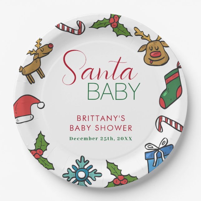 Santa Baby Christmas Gender Neutral Baby Shower  Paper Plates (Front)