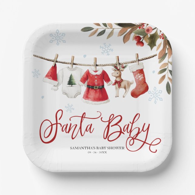Santa Baby Christmas Girl Baby Shower Paper Plates (Front)
