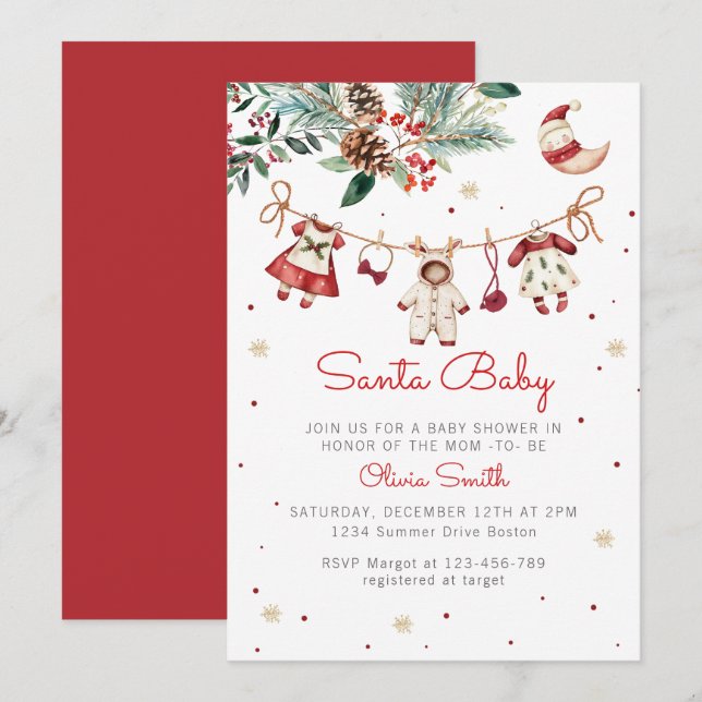 Santa Baby Christmas Girl Clothes Baby Shower Invitation (Front/Back)