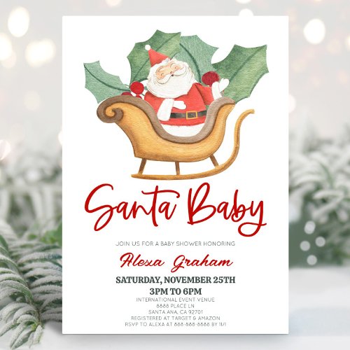 Santa Baby Christmas Holly Santa Claus Baby Shower Invitation