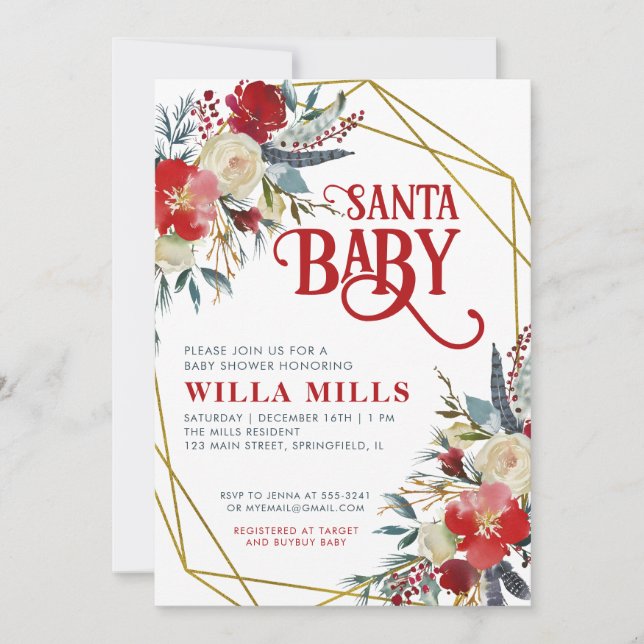 Santa Baby Christmas Red Greenery Gold Baby Shower Invitation (Front)