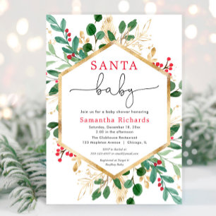 Santa Baby Christmas red greenery gold baby shower Invitation