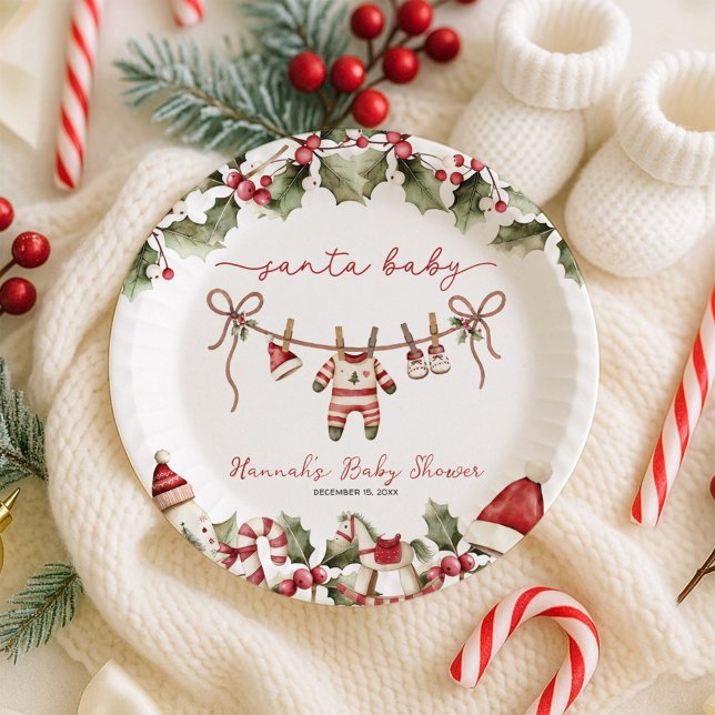 Santa Baby Clothesline Christmas Baby Shower Paper Plates (Creator Uploaded)