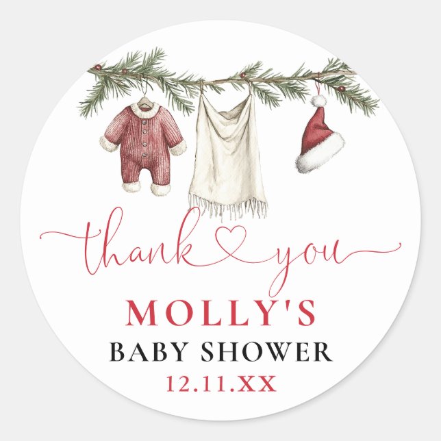 Santa Baby Clothesline Winter Baby Shower Favor Classic Round Sticker (Front)